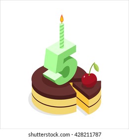 Birthday 5 years. Cake and Candle isometrics. Number five. Celebration of anniversary pie. Piece of festive chocolate brownie and cherry. Cheerful celebration

