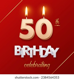 Birthday 50 number candles with fire for anniversary cake vector illustration. 3D realistic beige wax numbers with candlelight, white and gold font on red background for invitation, greeting card.