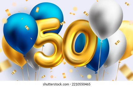 Diseño vectorial de globo de cumpleaños número 50. Decoración de eventos de cumpleaños y aniversario con 50 elementos de fiesta de globos para fondo de tarjeta de saludo. Ilustración vectorial.