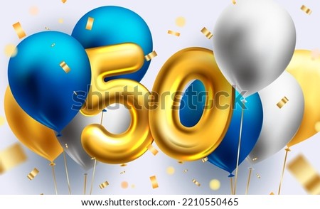 Birthday 50th balloon vector design. Birthday and anniversary event decoration with 50 balloons party elements for greeting card background. Vector Illustration.