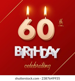 Birthday 60 number candles with fire for anniversary vector illustration. 3D realistic beige wax numbers twenty with candlelight, white and gold font on red background for invitation, greeting card.