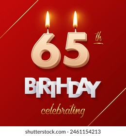 Birthday 65 number candles with fire for anniversary vector illustration. 3D realistic beige wax numbers twenty with candlelight, white and gold font on red background for invitation, greeting card.