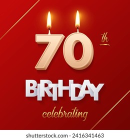 Birthday 70 number candles with fire for anniversary vector illustration. 3D realistic beige wax numbers twenty with candlelight, white and gold font on red background for invitation, greeting card.