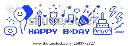 Birthday 8 bit gaming style vector illustration in pixel art. Pixel birthday game blue icons, text Happy B-day on white bg. Party popper, balloons, cake, confetti. Retro arcade celebration pattern