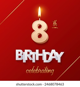 Birthday 8 number candles with fire for anniversary cake vector illustration. 3D realistic beige wax numbers ten with candlelight, white and gold font on red background for invitation, greeting card.