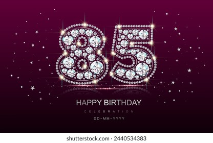 Cumpleaños 85th ochenta y cinco años de edad Banner de aniversario hecho de joyería de diamantes y confeti serpentina. Ilustración realista 3d. Vector.