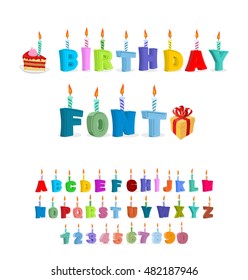 Birthday ABC. holiday font for postcards. letters and candles. Celebratory alphabet
 svg