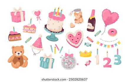 Birthday accessories. Flat vector illustration of a birthday party set featuring a teddy bear, candles, and decorations. Colorful balloon, a cake and gifts to any celebration or event.