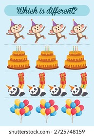 Actividad de cumpleaños para niños con Elementos de fiesta, encuentre qué objeto es diferente, divertido juego imprimible de vacaciones para el aprendizaje preescolar