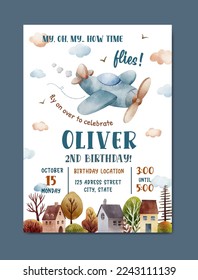 Birthday airplane theme watercolor invitation card template for kids