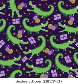 Birthday alligator seamless pattern. Good for textile print, wrapping paper, cover, and other decoration.