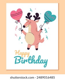 Birthday animal greeting card isolated set. Vector flat graphic design illustration