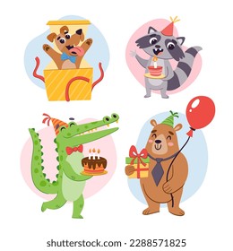 Birthday animal set. Cartoon cute animals with gifts, ballons and birthday cake. Colorful stickers, isolated on white background. A dog, a raccoon, a cocodrile and a bear.