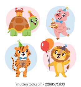 Birthday animal set. Cartoon cute animals with gifts, balloons and birthday cake. Colorful stickers, isolated on white background. A turtle, a pig, a tiger and a lion.