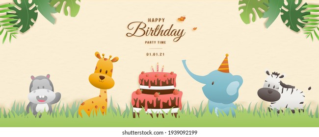 Birthday, animals card. Greeting cards with cute safari or jungle animals giraffe, elephant, hippo, zebra party in the tropical forest. Template invitation paper art style vector illustration	