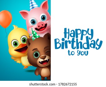 Plantilla de fondo vectorial de carácter de animales de cumpleaños. Feliz texto de bienvenida de cumpleaños en espacio blanco vacío para mensajes con lindos personajes animales para la tarjeta de celebración de cumpleaños de los niños.