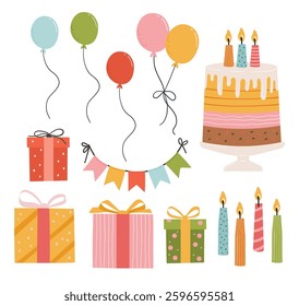 Birthday animals collection, cake, gifts. Birthday party vector. Invitation, sticker, greeting card