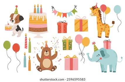 Birthday animals collection, cake, gifts. Birthday party vector. Invitation, sticker, greeting card