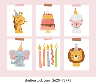 Birthday animals collection, cake, gifts. Birthday party vector. Birthday posters