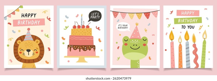 Birthday animals collection, cake, gifts. Birthday party. Set birthday Invitation, greeting card