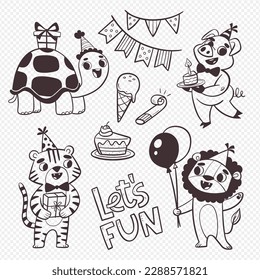 Birthday animals and decorative elements. Four cute animals with gifts and ballons. A turtle, a lion, a tiger and a pig. Cartoon style. Isolated elements. Outlined illustration.