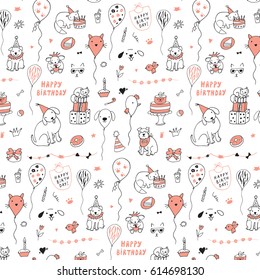 birthday animals funny doodle pattern