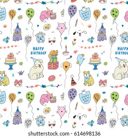 birthday animals funny doodle pattern