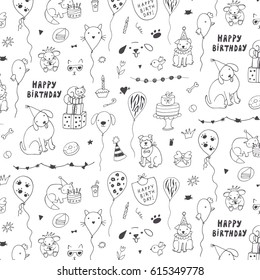 birthday animals funny doodle pattern