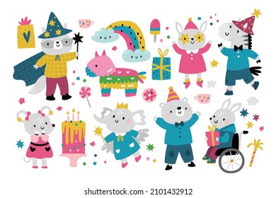 Birthday animals set with gifts, cakes, ice cream, surprise. Zebra, raccoon, elephant, hare, mouse, rabbit, bear at a holiday party. Kids celebration with cartoon animal characters illustration