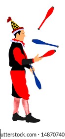 Birthday animator entertainment for kids. Clown in circus vector isolated on white background. Street actor illustration. Juggler artist vector, Juggling with balls and pins. Performer Artist acrobat.