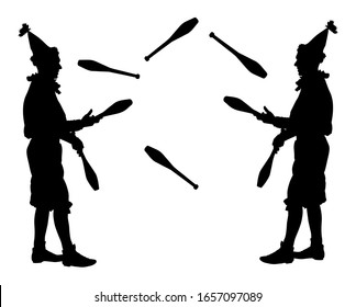 Birthday animator entertainment for kids. Clown in circus vector silhouette isolated on white. Street actor jester team. Juggler artist vector, Juggling with balls and pins. Performer Artist acrobat.