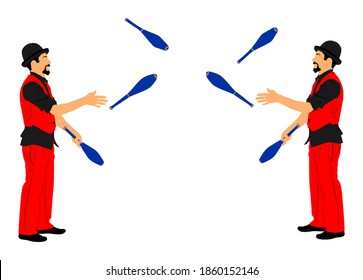 Birthday animator entertainment for kids, juggler artist vector illustration isolated on white background. Clown in circus. Street actor jester team. Juggling with pins. Performer Artist acrobat.