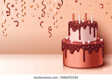 Anuncio de cumpleaños y aniversario con bizcocho de dos niveles con glaseado de chocolate, decoración y velas en la parte superior, caída de cintas de confeti en el interior del estudio. Vector 3d realista de postre dulce b-day.