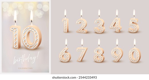 Birthday anniversary beige candles set template with number 10. Celebration birthday vector background. Beige wax numbers with candlelight on gray for party invitation, greeting card, poster, event.