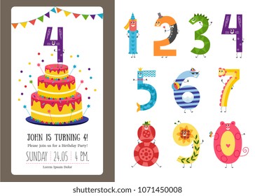 Birthday anniversary cartoon numbers and invitation card template set. Cute characters of numerals isolated on white background and b-day banner with cake, confetti and flags. Vector illustration.