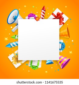 Birthday or Anniversary Celebration Banner Card Background with Realistic 3d Detailed Present Box Place for Text. Vector illustration