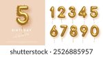 Birthday anniversary golden numbers set template with number 5. Celebration birthday vector background. Gold numbers in form of balloons on beige for party invitation, greeting card, poster, event.