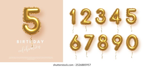 Birthday anniversary golden numbers set template with number 5. Celebration birthday vector background. Gold numbers in form of balloons on beige for party invitation, greeting card, poster, event.