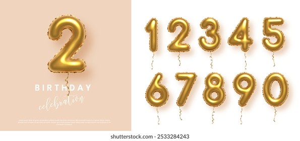 Números dourados do aniversário de aniversário definir modelo com número 2. Fundo do vetor de aniversário da celebração. Números de ouro em forma de balões em bege para convite de festa, cartão de saudação, cartaz, evento.