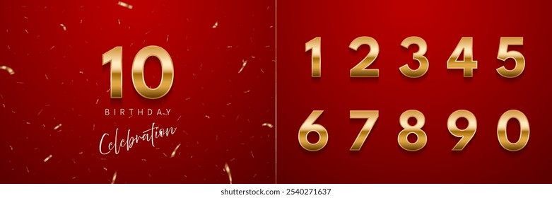 Birthday anniversary golden numbers set template with number 10. Celebration birthday vector background. Gold numbers on red backdrop with confetti for party invitation, greeting card, poster, event.