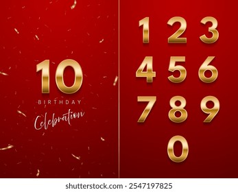 Birthday anniversary golden numbers set template with number 10. Celebration birthday vector background. Gold numbers on red backdrop with confetti for party invitation, greeting card, poster, event.