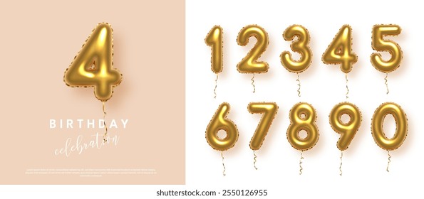 Birthday anniversary golden numbers set template with number 4. Celebration birthday vector background. Gold numbers in form of balloons on beige for party invitation, greeting card, poster, event.