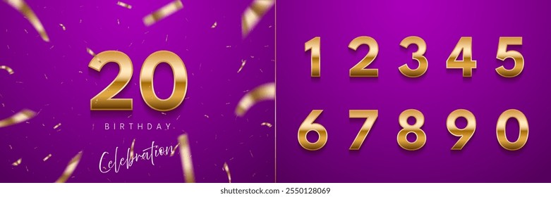 Números dourados do aniversário de aniversário definir modelo com número 20. Fundo do vetor de aniversário da celebração. Números de ouro no fundo roxo com confete para convite da festa, cartão de saudação, cartaz.