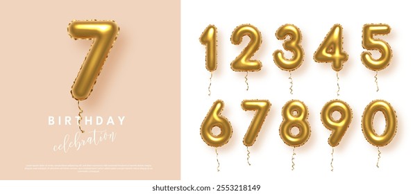 Birthday anniversary golden numbers set template with number 7. Celebration birthday vector background. Gold numbers in form of balloons on beige for party invitation, greeting card, poster, event.