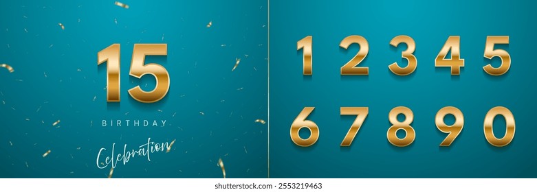 Los números de oro del aniversario de cumpleaños establecen la Plantilla con el número 15. Fondo de Vector de cumpleaños de celebración. Números de oro sobre fondo de aguamarina con confeti para invitación de fiesta, tarjeta de felicitación, cartel.