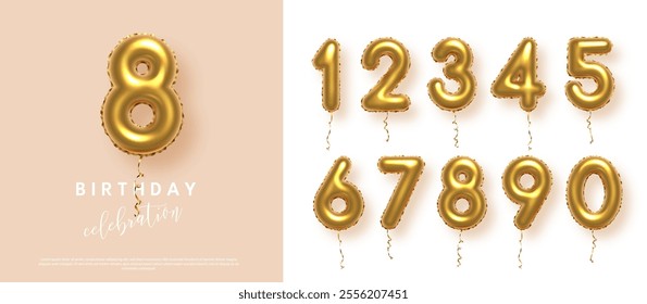 Birthday anniversary golden numbers set template with number 8. Celebration birthday vector background. Gold numbers in form of balloons on beige for party invitation, greeting card, poster, event.