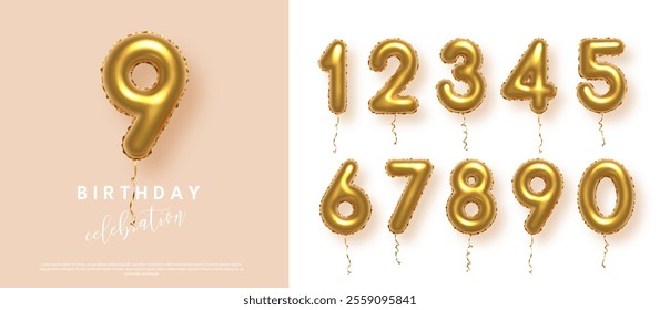 Birthday anniversary golden numbers set template with number 9. Celebration birthday vector background. Gold numbers in form of balloons on beige for party invitation, greeting card, poster, event.