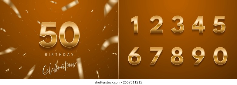 Birthday anniversary golden numbers set template with number 50. Celebration birthday vector background. Gold numbers on orange brown backdrop with confetti for party invitation, greeting card.