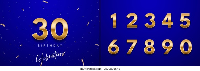 Birthday anniversary golden numbers set template with number 30. Celebration birthday vector background. Gold numbers on blue backdrop with confetti for party invitation, greeting card, poster, event.