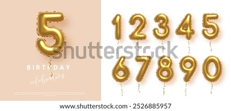 Birthday anniversary golden numbers set template with number 5. Celebration birthday vector background. Gold numbers in form of balloons on beige for party invitation, greeting card, poster, event.